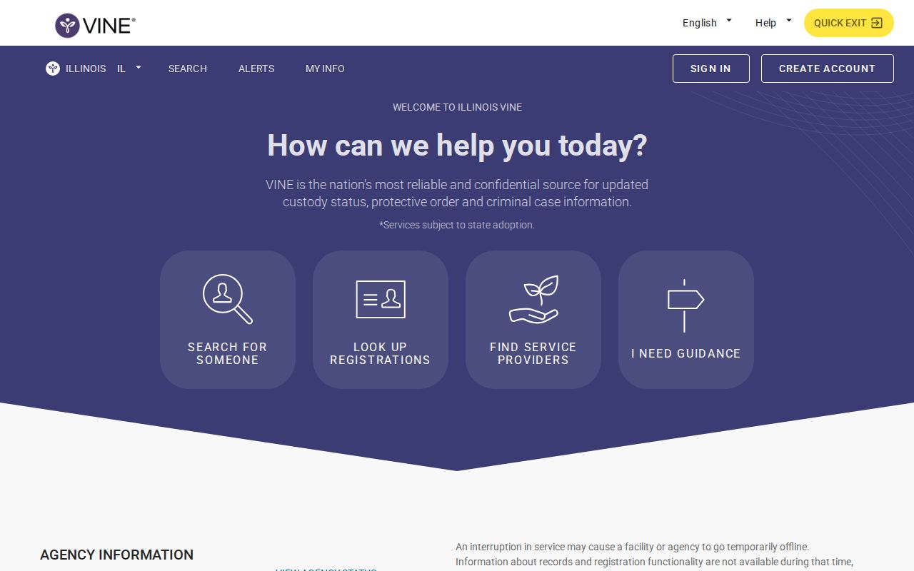 Illinois VINELink registration screen for Hardin County custody alerts