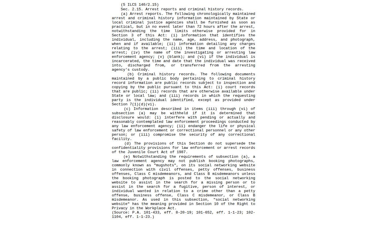 Illinois statute page for Hardin County arrest records and booking-photo restrictions