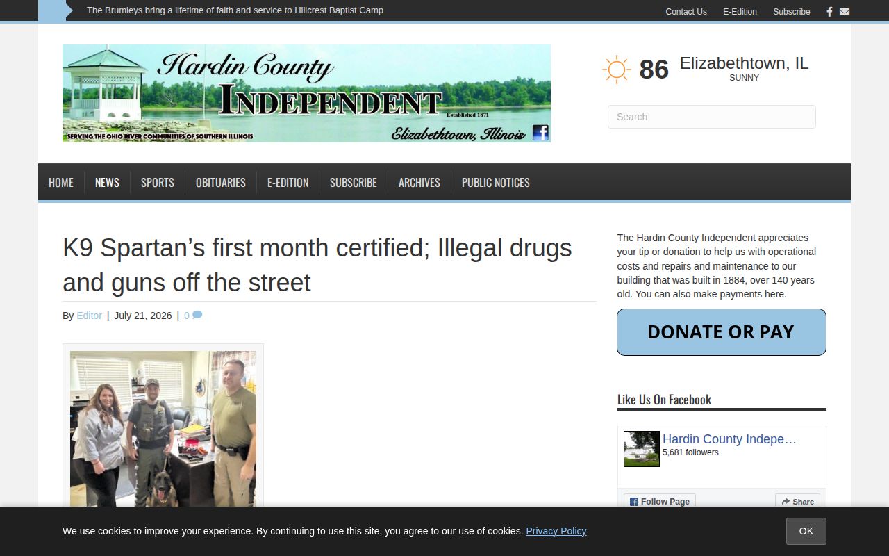 Hardin County Independent report on K9 Spartan and Rosiclare Police activity