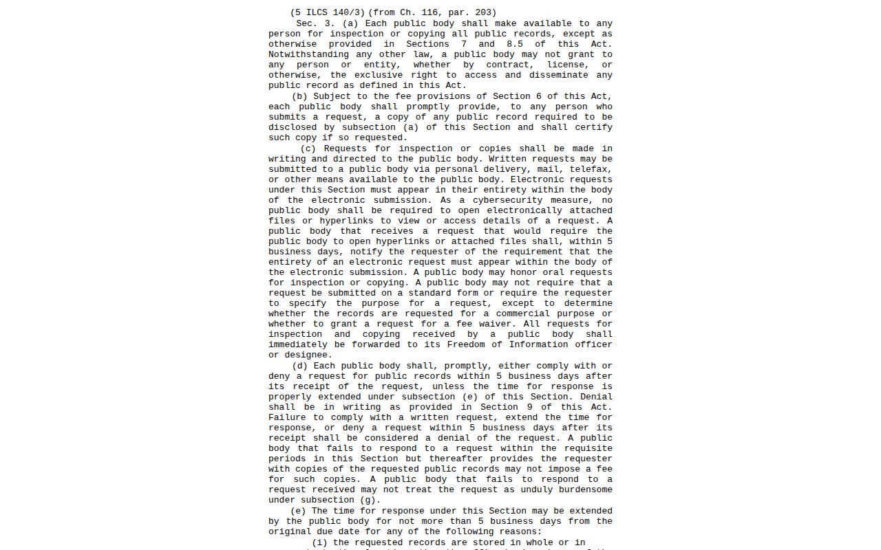 Illinois Freedom of Information Act written request and response provisions