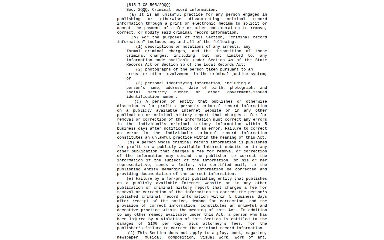 Illinois statute on correcting and removing published criminal record information