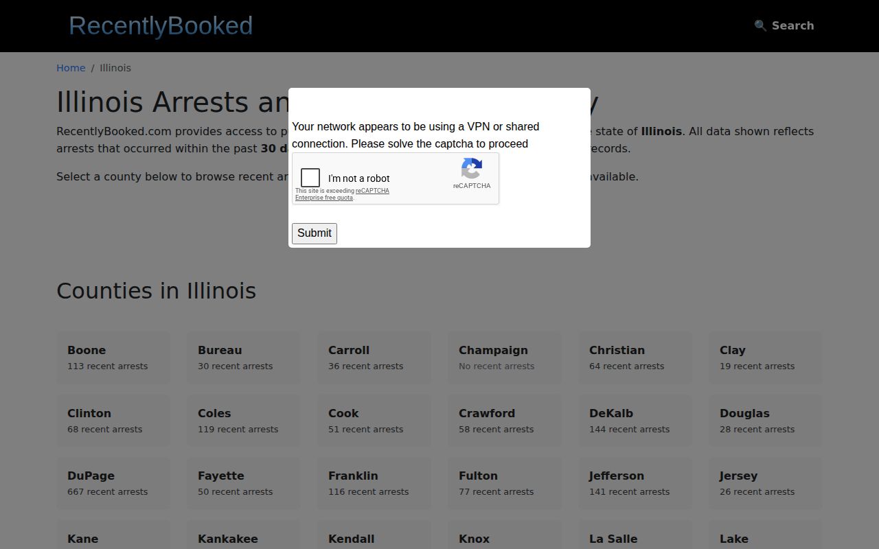 RecentlyBooked Illinois county directory without a verified Hardin County local section